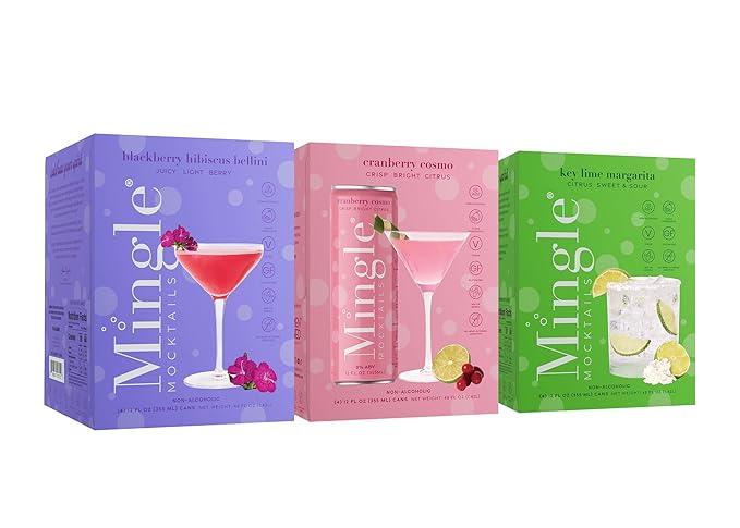 Mingle Mocktails - Variety Pack, Blackberry Hibiscus Bellini, Cranberry Cosmopolitan, Key Lime Margarita - Premium Non Alcoholic Cocktails, 12 FL OZ Cans (Pack of 12)