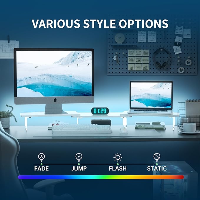LED Dual Monitor Stand Riser for 2 Monitors, Office Desktop Wooden Stand Adjustable Length and Angle 3 Shelf, Extra Long Multifunctional Stand up to 44.4" for Computer, Laptop, TV, White