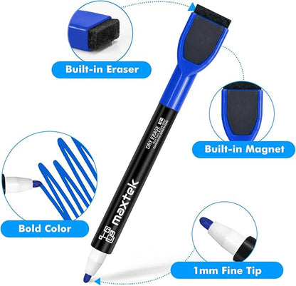 maxtek Dry Erase Markers - 6 Count Blue Magnetic Dry Erase Markers Fine Tip with Eraser, Low Odor Whiteboard Markers for Calendar Boards