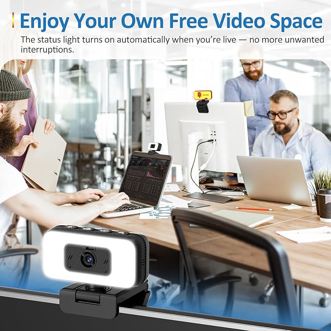 2K Webcam for PC/Laptop/Mac with Light, USB Computer Camera with Microphone for Desktop Monitor 【Focus in Shared or Home Space】 Auto Anti-Disturb Backlight, Zoom, Flip, Plug & Play