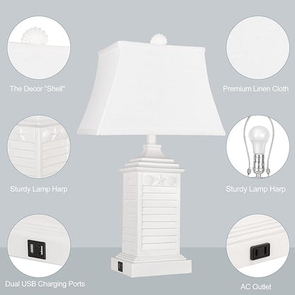 Table Lamps for Living Room Set of 2, Coastal White Bedside Lamps for Bedroom with USB A+C Outlet Modern Resin 3-Color Temperature Nightstand Lamp for End Table (Bulbs Included)