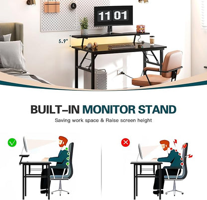DlandHome Computer Desk 39’’ with LED Lights & Power Outlets,Folding Desk with Monitor Stand, Writing Desk Home Office Desk, Fully Assembled,Black