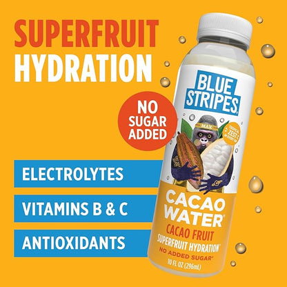 Blue Stripes Cacao Water - Cold Pressed Superfruit Hydration with Electrolytes & Antioxidants, No Sugar Added, All Natural, Great for Protein Shakes & Smoothies - Just Cacao, 6 Pack