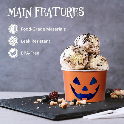 Paper Ice Cream Cups, 50-Count 9-Oz Disposable Dessert Bowls for Hot or Cold Food, 9-Ounce Halloween Party Supplies Treat Cups, Jack-O-Lantern, Orange