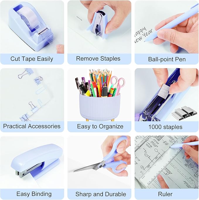 Desk Organizers and Accessories Set with 360-Degree Rotating Pen Holder, Tape Dispenser, Stapler, Staple Remover, 1000 Staples, Tape, Clips Set, Ruler, Scissor, Pen (Blue, 10 Pcs Set)