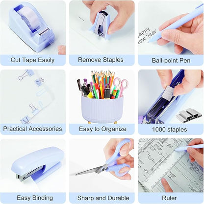 Desk Organizers and Accessories Set with 360-Degree Rotating Pen Holder, Tape Dispenser, Stapler, Staple Remover, 1000 Staples, Tape, Clips Set, Ruler, Scissor, Pen (Blue, 10 Pcs Set)