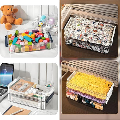 2 Pcs 5.5qt 9 x 13 Plastic Portable Project Case With Snap-Tight Latch, Clear Stackable Storage Boxes Organizer for A4 Files, Photos, Scrapbooks, Art Supplies(‎Blue Latch, Small)