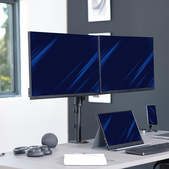 VIVO 17 to 32 inch Dual Pneumatic Monitor Mount, 2 Pneumatic Arms, Adjustable Swivel, Rotation, Heavy Duty VESA Desk Stand with C-clamp, Grommet, Max VESA 100x100, Black, STAND-V002K