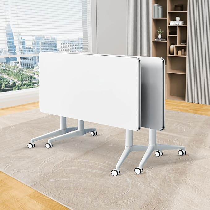 Folding Conference Table, Conference Room Tables Foldable Large Meeting Seminar Table on Wheels,Flip Top Boardroom Training Tables for Office, Classroom,Meeting (2, White, 55.1in)
