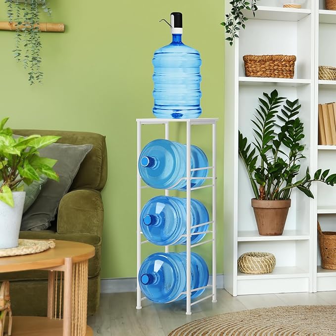 5 Gallon Water Bottle Jug Holder 3-Tier Water Bottle Holder Organizer with Top Shelf, Heavy Duty Water Dispenser Stand Rack for Kitchen Living Room Office, White