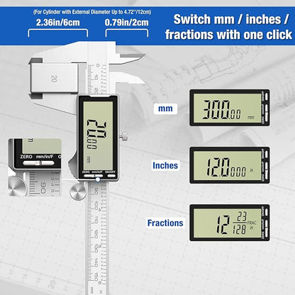 Digital Caliper 12 Inch with Large LCD Screen, Inch/MM/Fraction Conversion, 300mm Micrometer Caliper All Stainless Steel Diameter Measuring Tool for Jewelers/Woodworkers/DIY