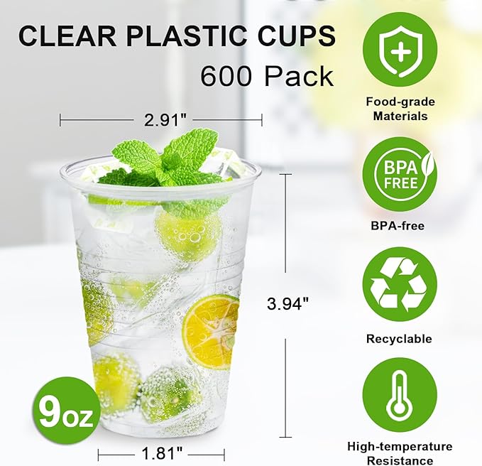 SIUQ 600 Pack 9 oz Plastic Cups, Clear Disposable Cups, Hot/Cold Party Drinking Cups, PP Clear Plastic Cups Bulk for Party, Picnic, BBQ, Wedding, Travel