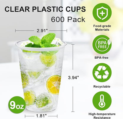 SIUQ 600 Pack 9 oz Plastic Cups, Clear Disposable Cups, Hot/Cold Party Drinking Cups, PP Clear Plastic Cups Bulk for Party, Picnic, BBQ, Wedding, Travel
