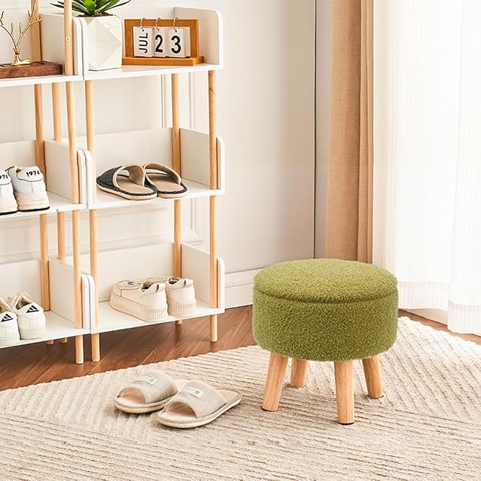 Poofzy Small Ottoman with Storage, Small Foot Stool Ottoman with Wood Legs, Sherpa Foot Rest for Couch, Living Room and Bedroom - Olive Green