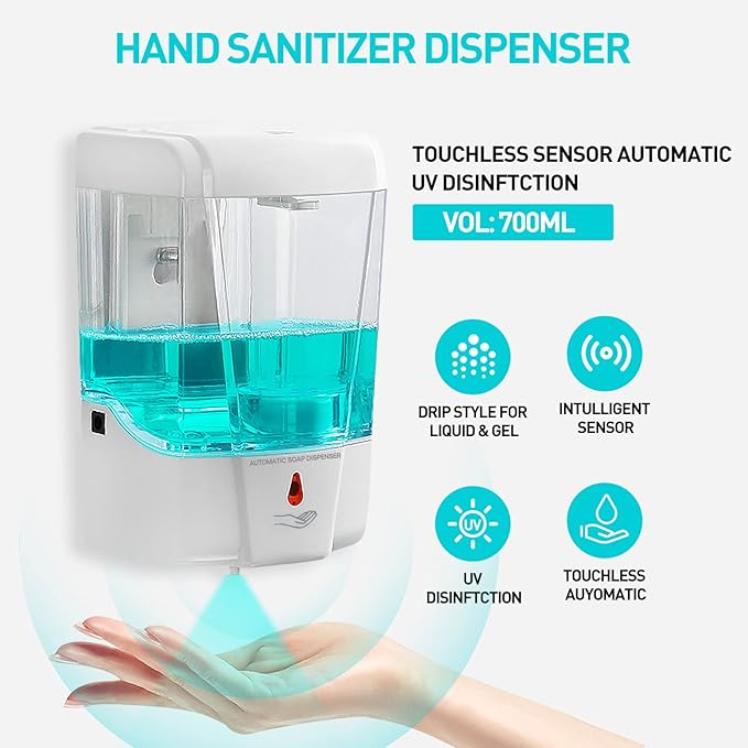 Touchless Automatic Hand Sanitizer Dispenser, Gel Wall Mount Hands Free Soap Dispenser Mounted 700ML for Hotel, Office, School, Kitchen, Church, Shopping Mall, Applicable to Multiple scenarios White