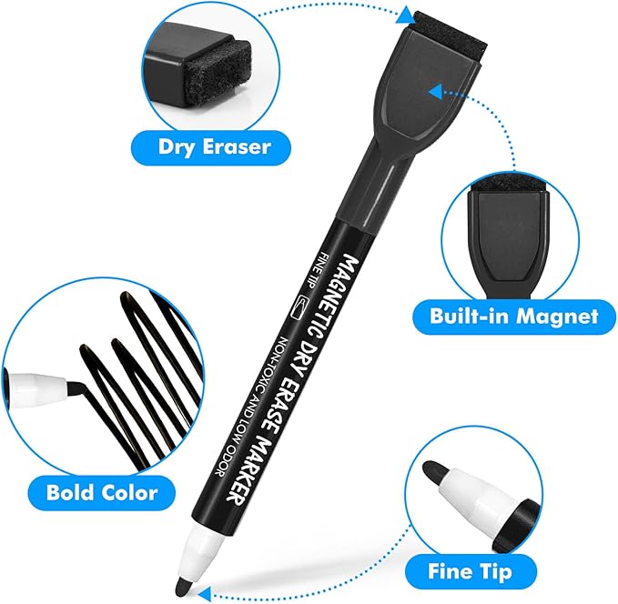 maxtek 24 Count Magnetic Black Dry Erase Markers, Fine Tip Whiteboard Markers with Eraser, Thin Markers Low Odor for Classroom, Office, Home