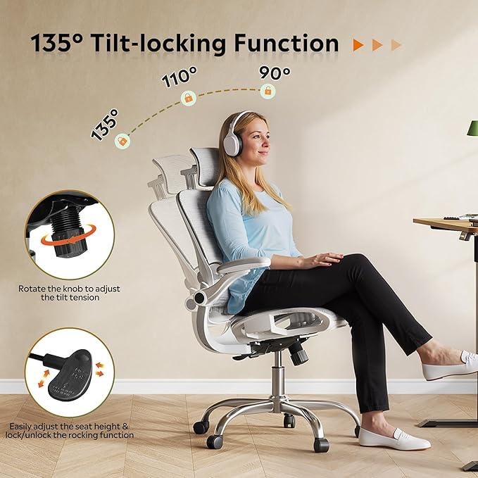DEVAISE Ergonomic Mesh Home Office Desk Chair with Lumbar Support, High Back Reclining Computer Gaming Chair with Flip-up Armrests, 3D Headrest, Tilt Lock, Heavy Duty, SGS Class 4 Gas Lift, White