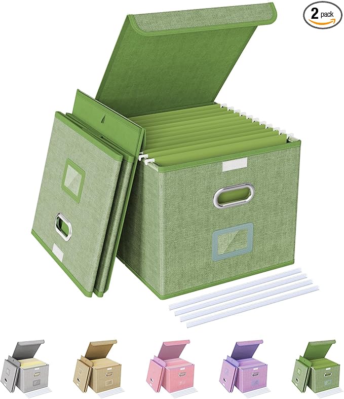 Oterri 2 Pack File Organizer Box,File Box,Small File Cabinet for Letter Folders,Light Green Portable Filing Box,Hanging File Folder Organizer with Lid for Office/Decor/Home- without Folders