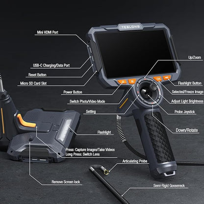 360 Articulating Borescope with 6” Monitor, Teslong Mechanics Inspection Camera with 4-Way Joystick Articulation, HD Steerable Endoscope Camera with Light, See in Wall Engine Hole Camera(0.24inch-5FT)