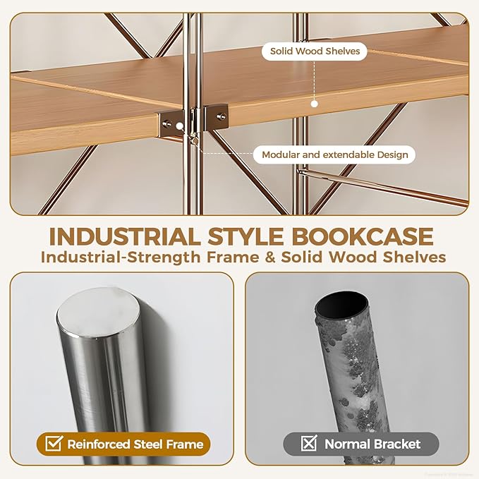 5-Tier Industrial Bookshelf, Modern Metal & Wood Bookcase, Sturdy Storage Rack for Office, Living Room, Bedroom & Study, Open Shelves for Books, Decor & More