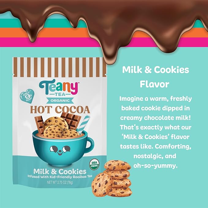 Teany Tea Organic Milk & Cookies Hot Cocoa - Everyday Hot Cocoa, Delicious, Kid Friendly, Tea Infused, Bedtime Dessert, Travel Ready, Hot Cocoa On The Go, 6 Individual Sticks Per Pouch