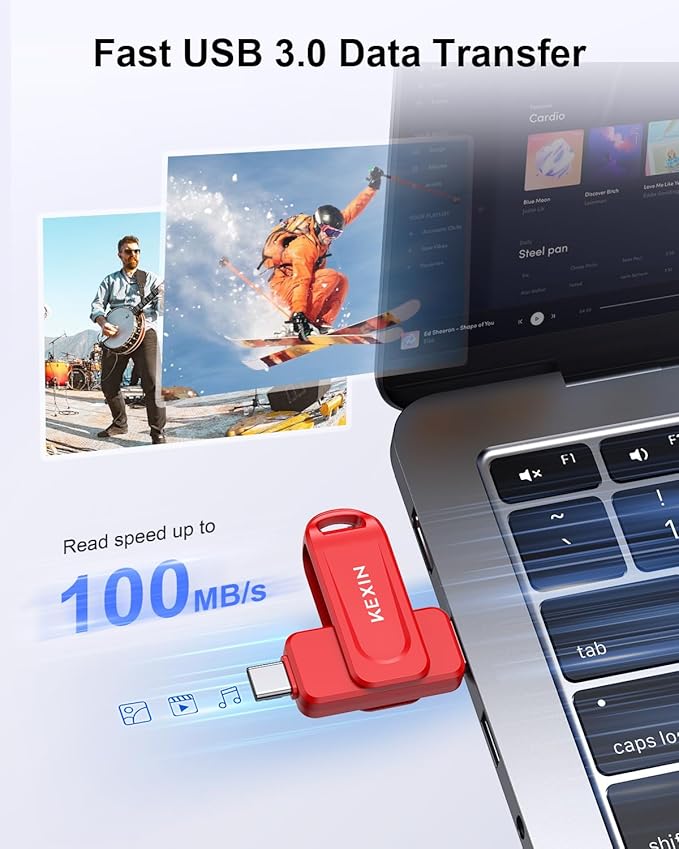 KEXIN 256GB Flash Drive Dual USB C Thumb Drive USB-A & Type-C 100MB/s Swivel USB Drive 256GB for Tablet iPhone 15/16 Car Game Console, Red