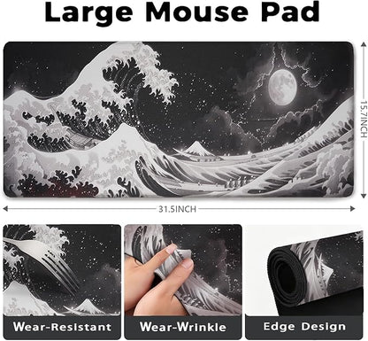 Black Wave of Kanagawa Patterns Desk Mat, Large Gaming Mouse Pad Non-Slip Rubber Base with Stitched Edges, Waterproof Protection for PC Laptop Home Office Desk Decor (31.5x15.7in)