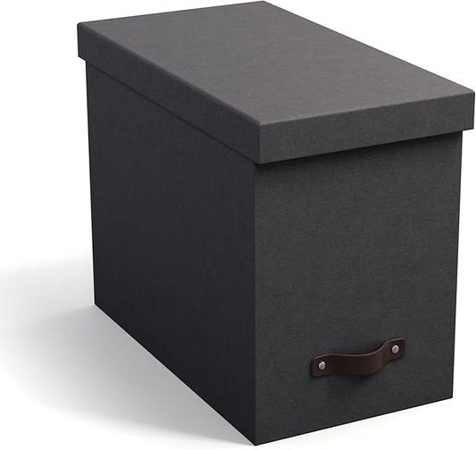 Bigso John Desktop File Box - Storage Solution and Document Organizer for Important Paperwork - Durable Hanging File Box with Lid and Leather Handle - 7.4 in x 13 in x 10.4 in - Black