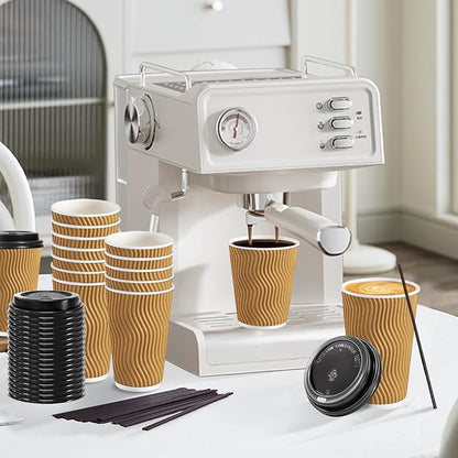 Lamosi 12 oz Disposable Coffee Cups with Lids, 50 Pack Insulated Hot Cups To Go Paper Coffee Cups with Lids and Straws, Corrugated Ripple Wall Cup for Hot Drink, Office, Coffee Bar (Champagne)