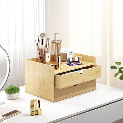 Desk Organizer with Drawers - Bamboo Desktop Organizer Storage | Wood Desk Drawers Organizer for Bills, Office Supplies, Cosmetics, Seals No Assembly Required (2 Drawer)