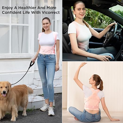 Vicorrect Posture Corrector for Women and Men: Back Support Brace Relieve Upper Back Shoulders Pain (Pink, Small)