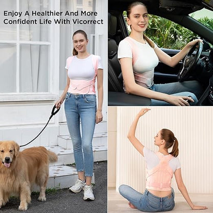 Vicorrect Posture Corrector for Women and Men: Back Support Brace Relieve Upper Back Shoulders Pain (Pink, Small)
