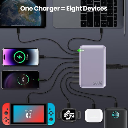 USB C Charger 200W USB C Charger Block GaN III 8-Port Fast Charging Station PD 65W Laptop Charger Adapter Compatible with MacBook Pro/Air,DELL,HP Surface,iPhone 15/14/13,Galaxy S23/22 (Purple)