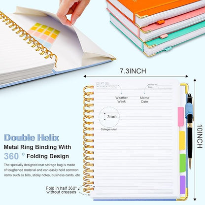 Hardcover Spiral Notebook 8"x10" Journal Notebook with Tabs and Removable Dividers 300 Pages 5 Subject Notebook College Ruled, Faux Leather Spiral Bound Notebook for Women School Work (Lake Blue)