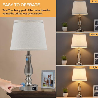 Lamps for Bedrooms Set of 2, Brushed Nickel Bedside Lamps with USB C+A Ports, 3 Way Dimmable Nightstand Lamps with Fabric Lampshade, Touch Table Lamp for Living Room Bedroom Office, Bulbs Included