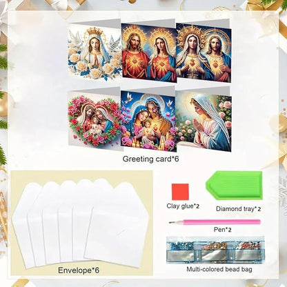 6PCS Diamond Art Painting Greeting Card Set, Faith Pattern DIY Cards with Envelopes for Xmas Birthdays Special Occasion Blessing