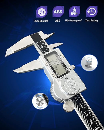 Digital Caliper Measuring Tool, 6 Inch with Feeler Gauges, IP54 Waterproof Stainless Steel, MM/Inch/Fraction, (ABS) Absolute Scale Calipers, Auto-Off LCD Micrometer Vernier Caliper