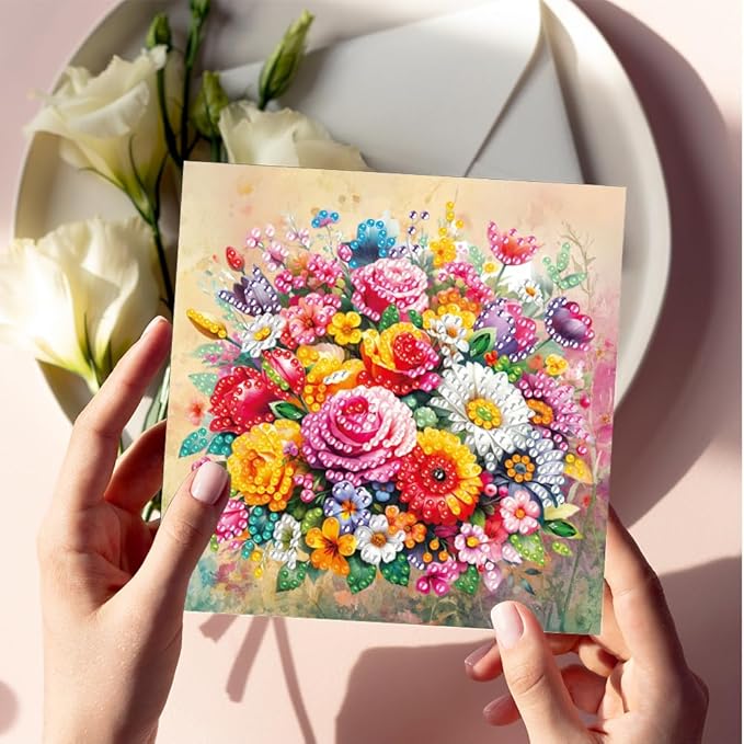 6PCS Diamond Art Painting Greeting Cards,Happy Birthday Cards with Envelopes,DIY Card Making Kits Thank You Card Arts Crafts for Birthday(Flower)