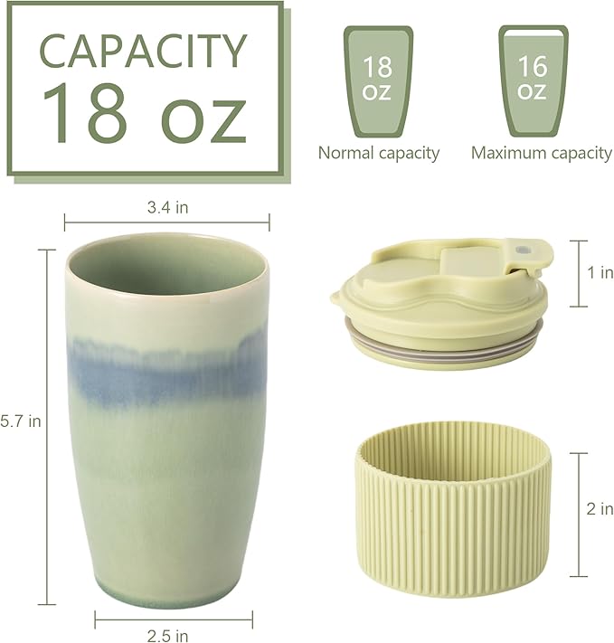 Ceramic Travel Coffee Mug with Polypropylene Lid and Insulated Sleeve, 16 oz, Portable Coffee Cup for Car Cup Holder, Transmutation Glaze Microwave and Dishwasher Safe(Light Green)