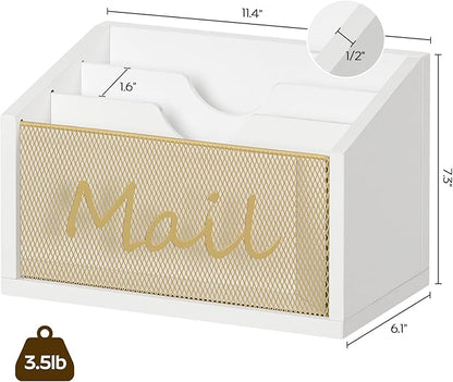 Mail Organizer Countertop, Mail Holder with 3 Slots, Mail Sorter for Desk, Wooden Office Desk Organizer, Mail Organizer for Magazines, Files, Papers, Folders, White and Gold MR03DW