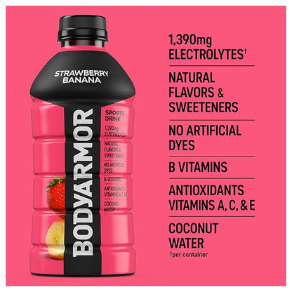 BODYARMOR Sports Drink Sports Beverage, Strawberry Banana, Coconut Water Hydration, Natural Flavors With Vitamins, Potassium-Packed Electrolytes, Perfect For Athletes, 28 Fl Oz (Pack of 15)
