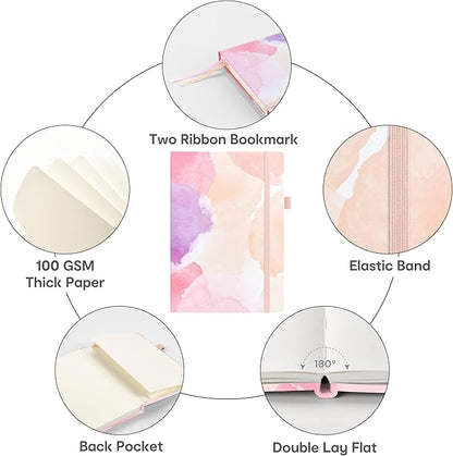 A5 Hardcover Bullet Dotted Journal, 160 Pages 100 gsm Thick Paper, 3 Sheets of Stickers Included - 5.7'' x 8'' (Blush Watercolor)