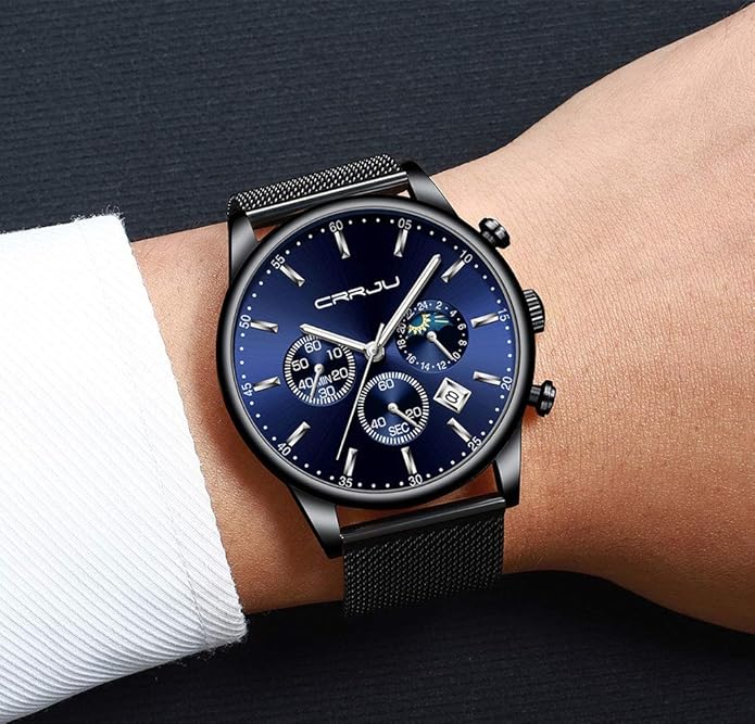 CRRJU Men's Fashion Casual Watches Auto Date Chronograph Watch Men Nice Work Watches Waterproof 30M Full Steel Quartz with Mesh Strap