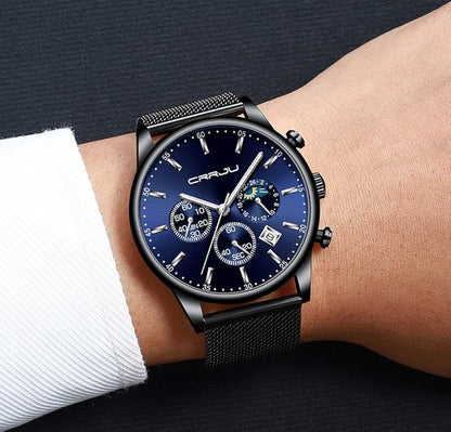 CRRJU Men's Fashion Casual Watches Auto Date Chronograph Watch Men Nice Work Watches Waterproof 30M Full Steel Quartz with Mesh Strap