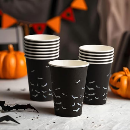 Halloween Disposable Paper Party Cups, Bulk 50 Pack, Leak-Resistant, 12 oz Hot and Cold Cups for Restaurants and Parties, Bats, Black & Silver