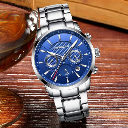 CRRJU Men's Business Casual Chronograph Quartz Waterproof Wristwatch Black Leather Strap
