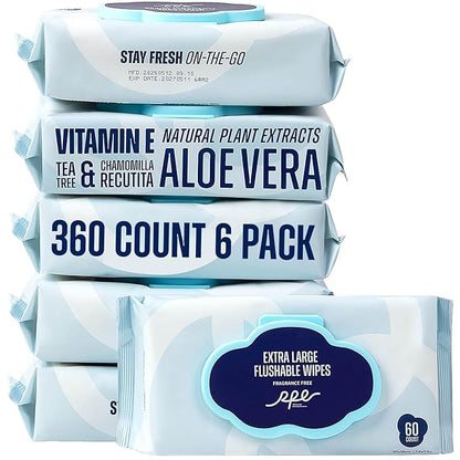 Flushable Wet Wipes - 6 Large Packs (360 Ct) - Unscented Extra-Large Body & Hand Tissue with Vitamin E & Aloe - For Adults, Children & Kids - Ideal for Home, Bathroom, Car & Everyday Hygiene