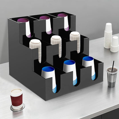 Acrylic 9-Slot Cup Dispenser Organizer, 13x13x12 Inch Black Coffee Cup Holder for Countertop, Fits 3.54-3.94 Inch Diameter Disposable Cups, for Kitchen, Office, Bar, Coffee Station