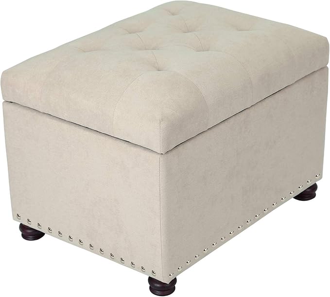 Adeco Classy Cotton Mix Fabric Accents Rectangular Storage Bench Footstool Ottomans & Storage Ottomans, White