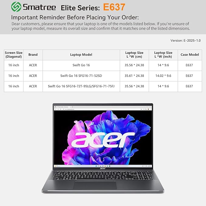 Smatree Laptop Sleeve for 16 inch Acer Swift Go 16 Laptop, for 16 inch Swift Go 16 SFG16-72T-95LG/SFG16-71-75FJ/SFG16-71-52SD, Case with Accessory Pocket, YKK Zipper, Shockproof Design(E637)